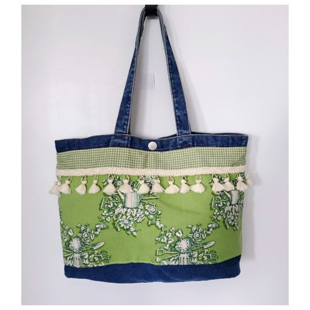 Handmade Artisan Denim Toile Tote Bag Green Floral Tassel Trim Gingham Lined OS - Picture 2 of 7